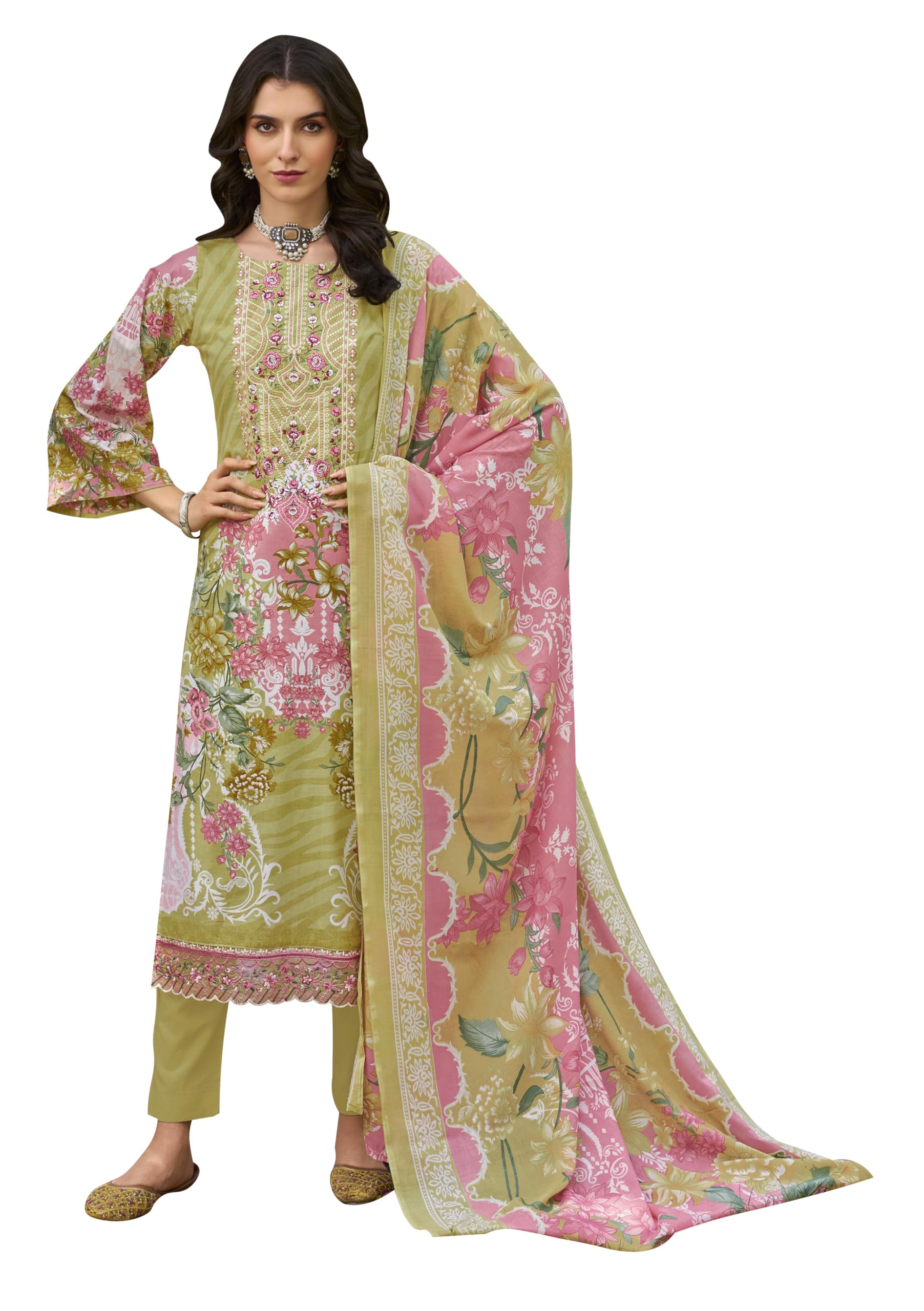 DRAVINAM Trends Women's Pure Cotton Digital Printed Suit with Exclusive Heavy Self-Embroidery Neck & Organza Daman Embroidery | Mal Mal Cotton Printed Dupatta & Bottom – Ready to Wear (OLIVE, XXL)
