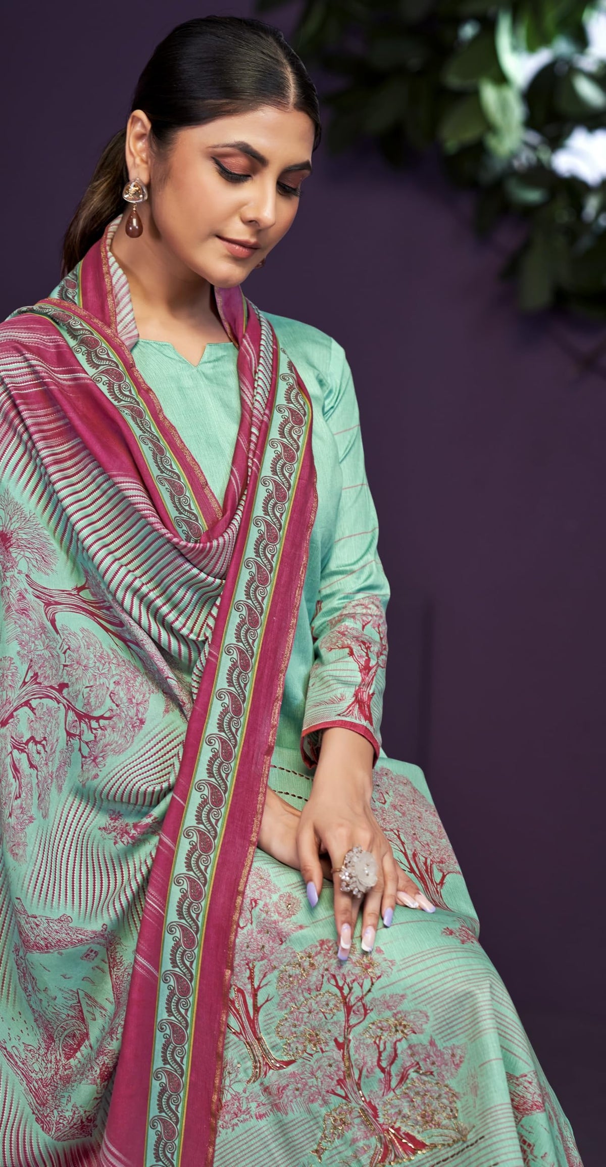 Women's Unstitch Premium Maslin Suit Dress Material II Digital Printed Pure Maslin Top Fabric with Hand work & Gota Detailing II Viscose Rayon Bottom II Digital Printed Viscose Maslin Dupatta