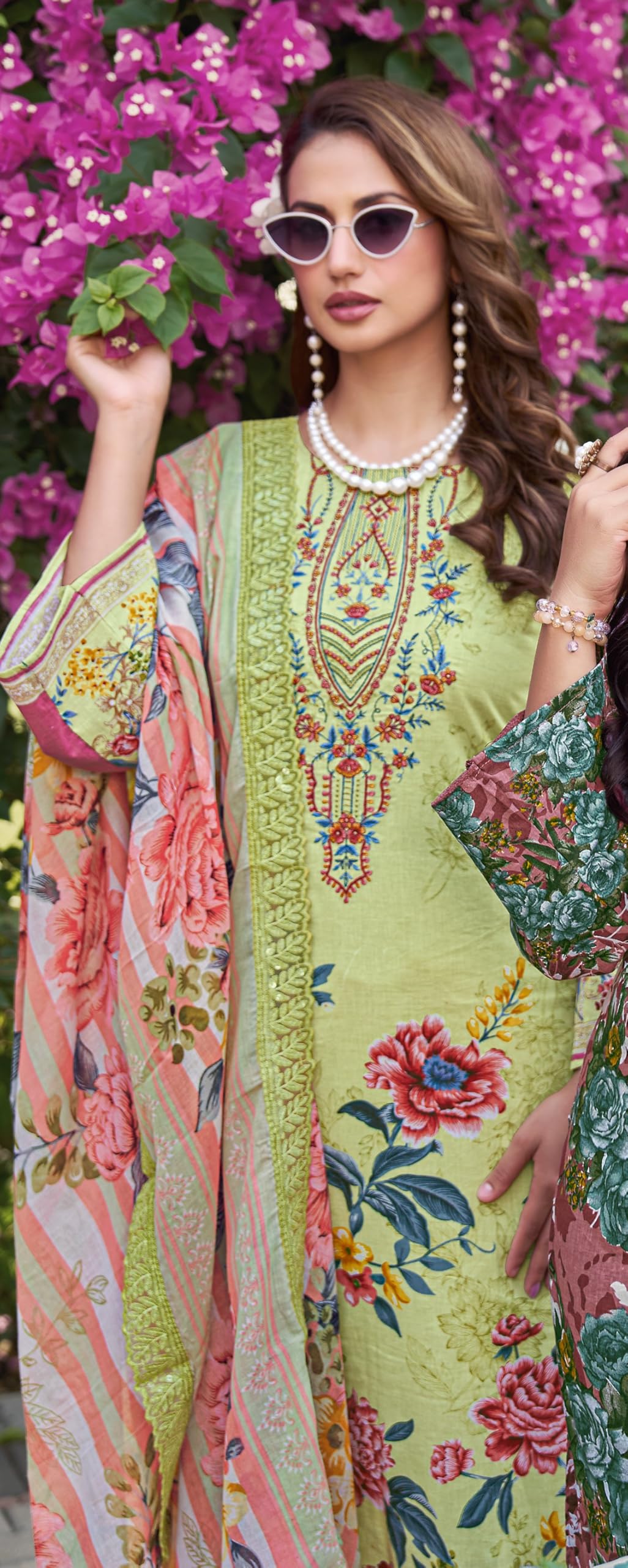 DRAVINAM Trends Pure Cambric Cotton Pakistani Embroidered Suit Dress Material with Unstitched Bottoms and Cotton Dupatta