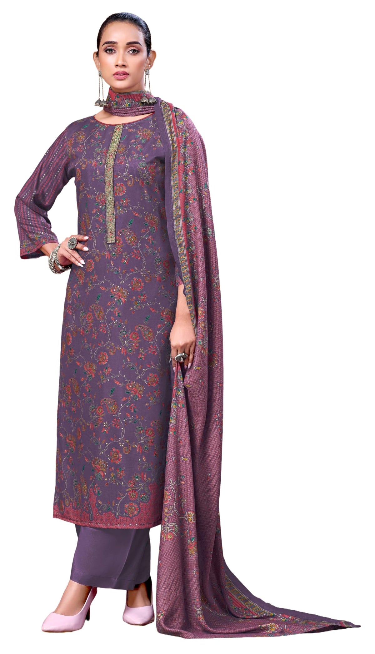 DRAVINAM Trends Women's Winter Wear Unstitched Discharge Print Hand Work Neck Embroidered Woollen Viscose Pashmina Salwar Suit Dress Material with Pashmina Printed Shawl Dupatta