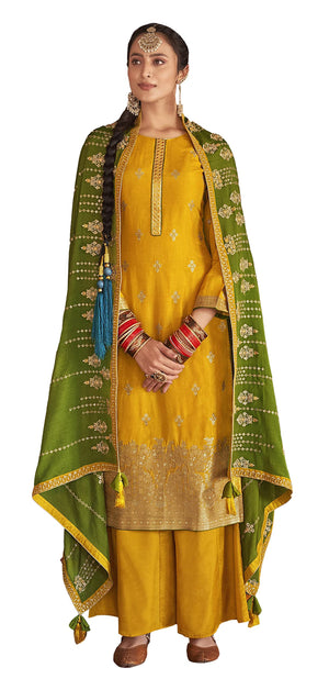 DRAVINAM Trends Women's Pure Banarasi Silk Jacquard Sequence embroidered Unstitched Salwar Suit Dress material with Chinon Silk Sequence and Embroidered Heavy Dupatta (Free size_Blue)