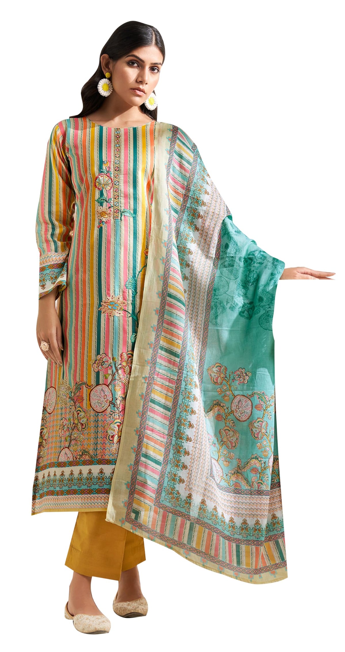 DRAVINAM Trends Unstitched Women Suit Material – Viscose Cotton Digital Printed Embroidered Kameez, Cambric Cotton Plain Bottoms and Printed Dupatta