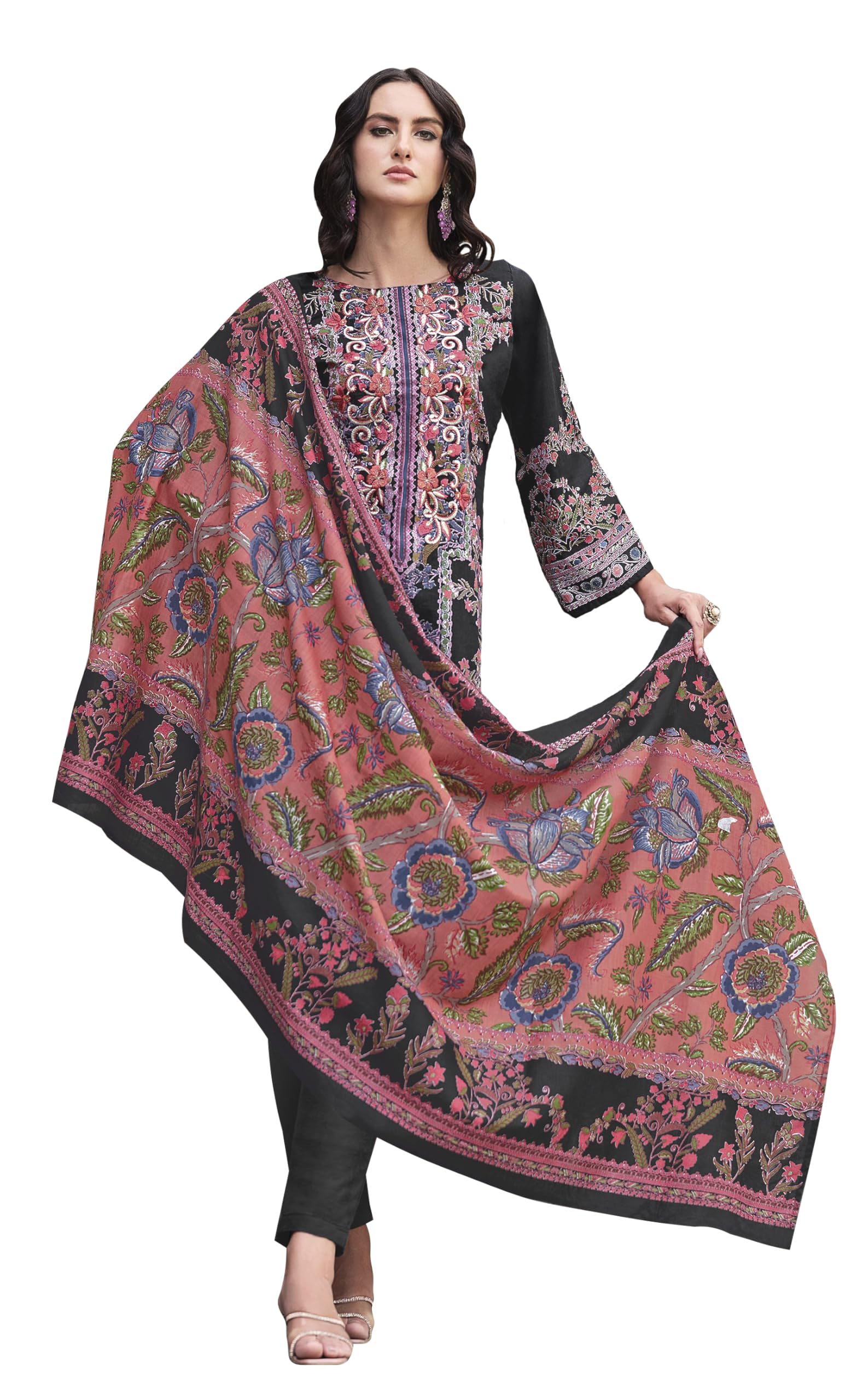 DRAVINAM Trends Women's Pakistani Print Embroidered Unstitcehd Pure Cotton Salwar Suit Dress Materials with Cotton Printed Dupatta