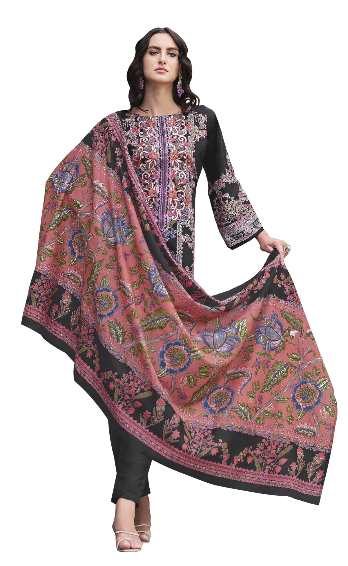 DRAVINAM Trends Women's Stitched Pakistani Print Embroidered Pure Cotton Pant Suit Set with Cotton Printed Dupatta (XL)