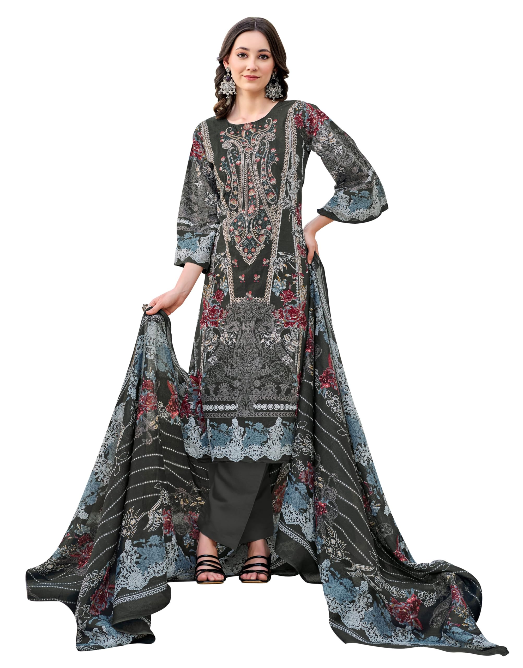 DRAVINAM Trends Women's Unstitched Cotton Suit Dress Material - Pure Cotton Embroidered Digital Top II Cotton Bottoms II Cotton Digital Print Dupatta