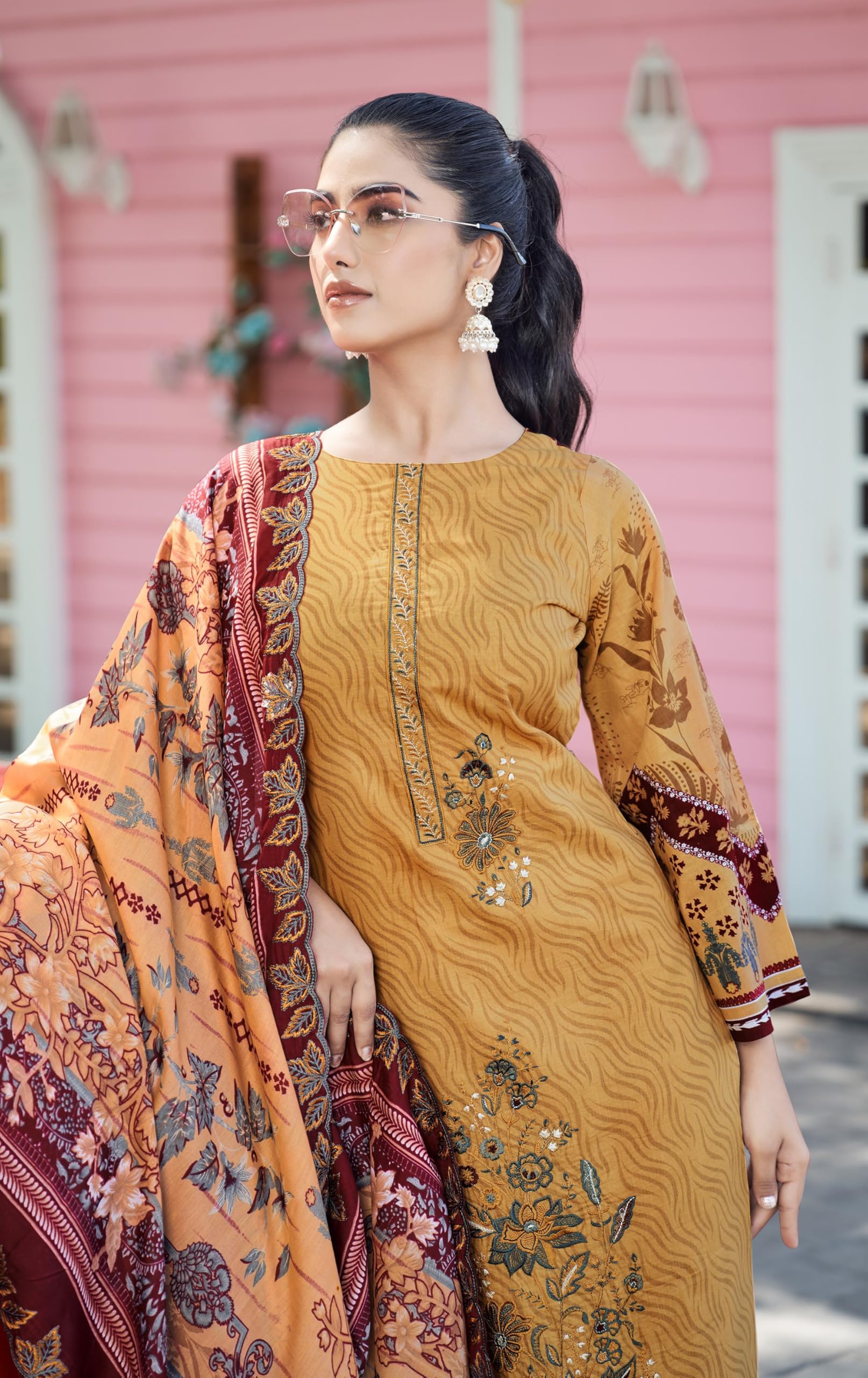 DRAVINAM Trends Women's Unstitched Salwar Suit Dress Material - Cotton Digital Printed Organza Embroidered Kameez II Unstitch Bottoms II Cotton Dupatta