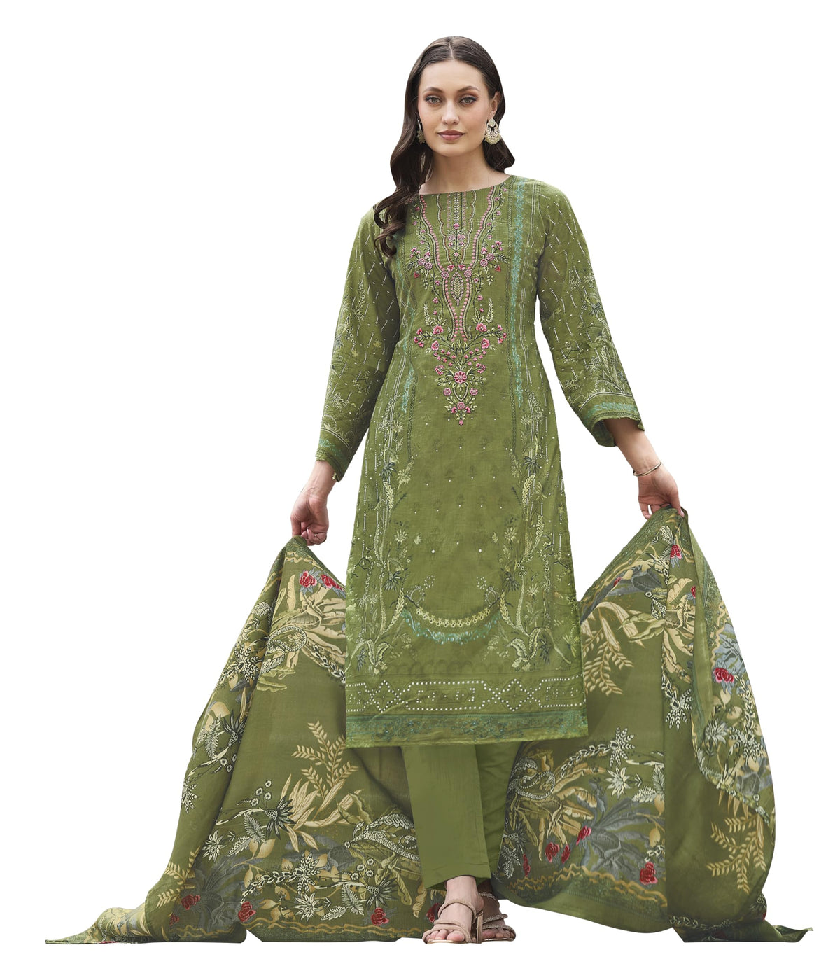 DRAVINAM Trends Women's Stitched Pakistani Print Embroidered Pure Cotton Pant Suit Set with Cotton Printed Dupatta (XL)