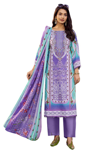 DRAVINAM Trends Women's Unstitched Cotton Suit Dress Material -Embroidered Digital Print Top II Plain Bottoms II Digital Print Dupatta
