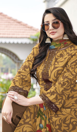 DRAVINAM Trends Kurti 2.50 mtrs,Pure Cotton Solid (2.7 m), Pure Cotton Mal Mal Print Dupatta (2.25 m)|Brown