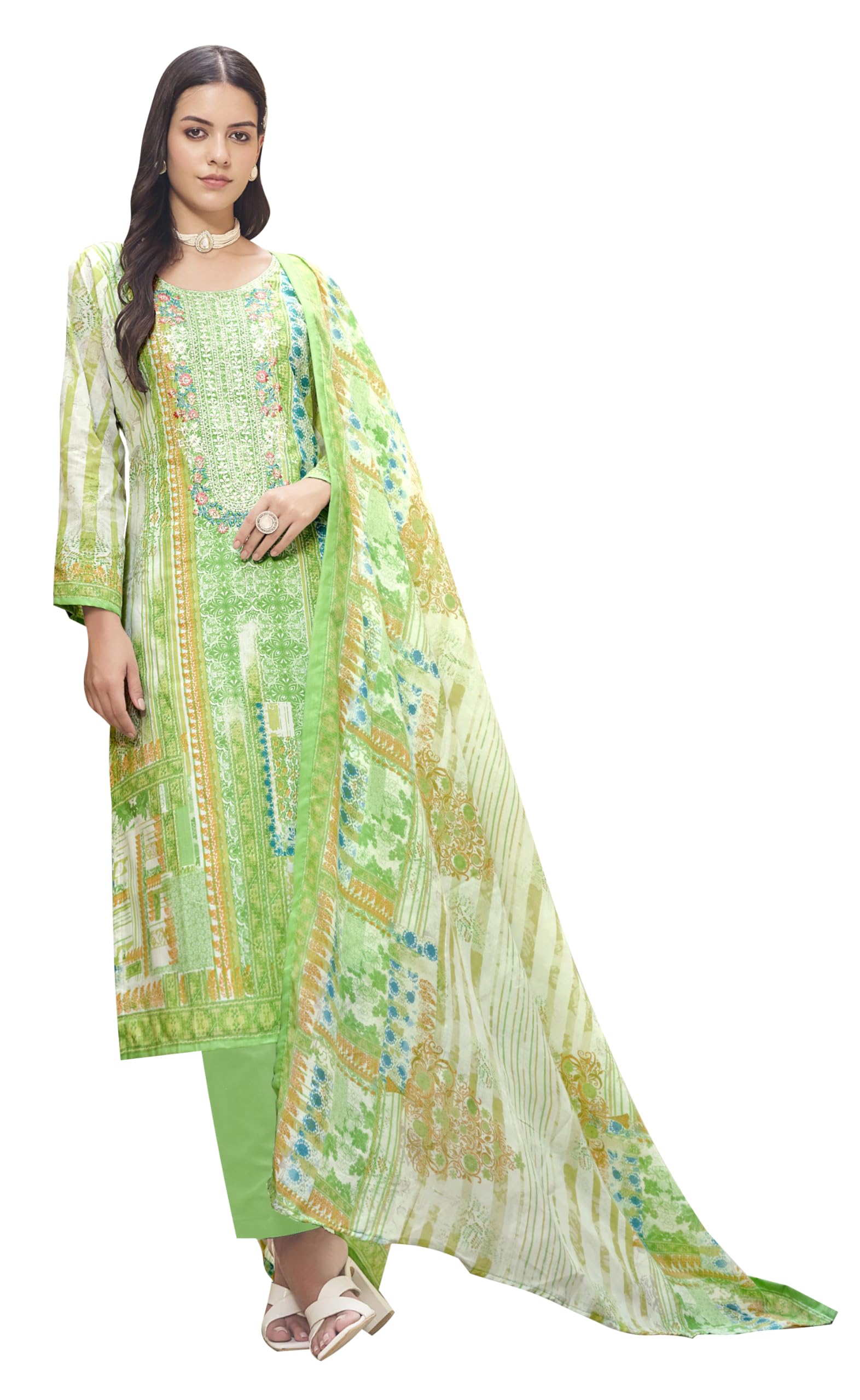 DRAVINAM Trends Kurti 2.50 mtrs, Pure Cotton Salwar (3 mtrs apx), Pure Cotton Mal Mal Print (2.30|Sand Grey