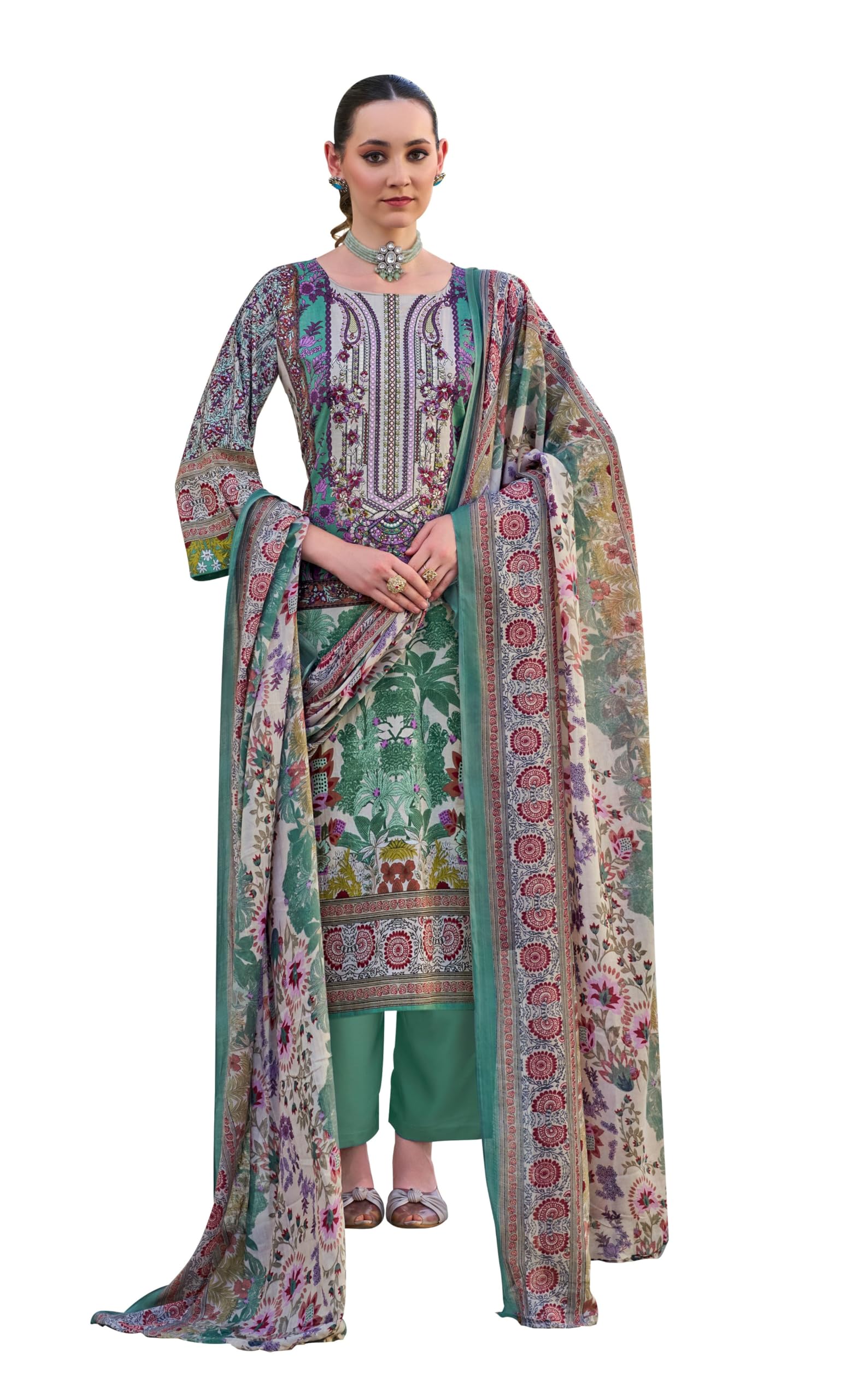 DRAVINAM Trends Women's Unstitched Salwar Suit Dress Material - Cotton Digital Printed Organza Embroidered Kameez II Unstitch Bottoms II Cotton Dupatta