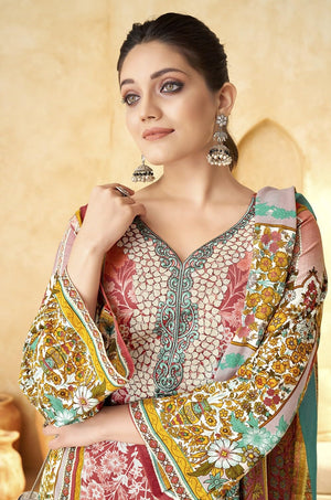 DRAVINAM Trends Women's Pakistani Digital Print Embroidered Unstitcehd Pure Cambric Cotton Salwar Suit Dress Materials with Cotton Printed Dupatta