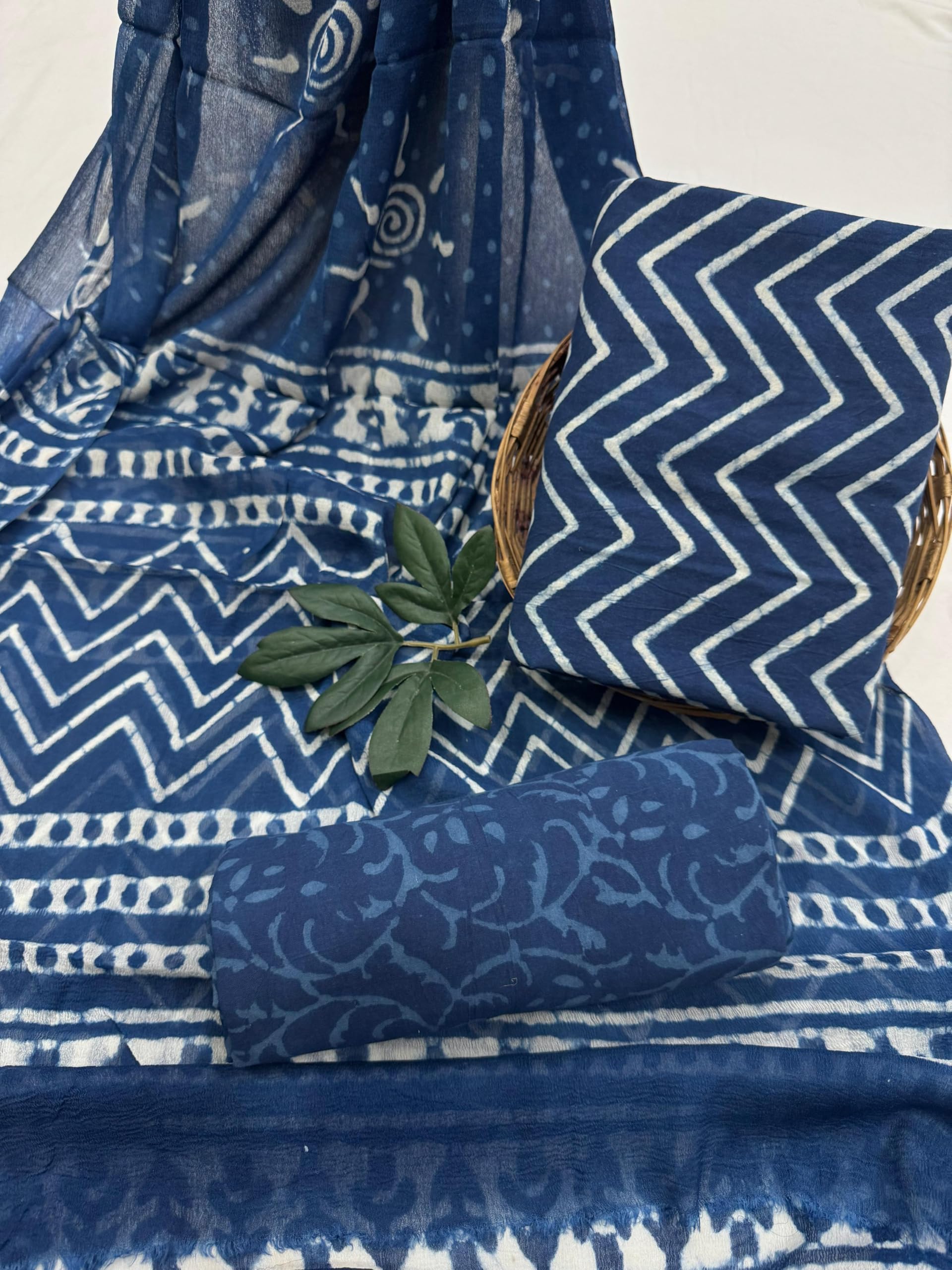 DRAVINAM Trends Hand Block Print Cambric Cotton Unstitched Salwar Suit Set for Women with Pure Chiffon Hand Printed Dupatta