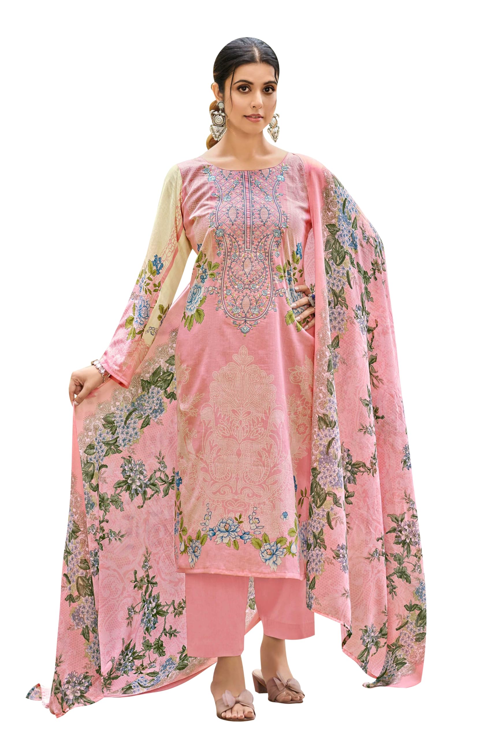 DRAVINAM Trends Unstitched Pure Lawn Cotton Pakistani Embroidered Suit Dress Material with Unstitched Bottoms and Cotton Dupatta