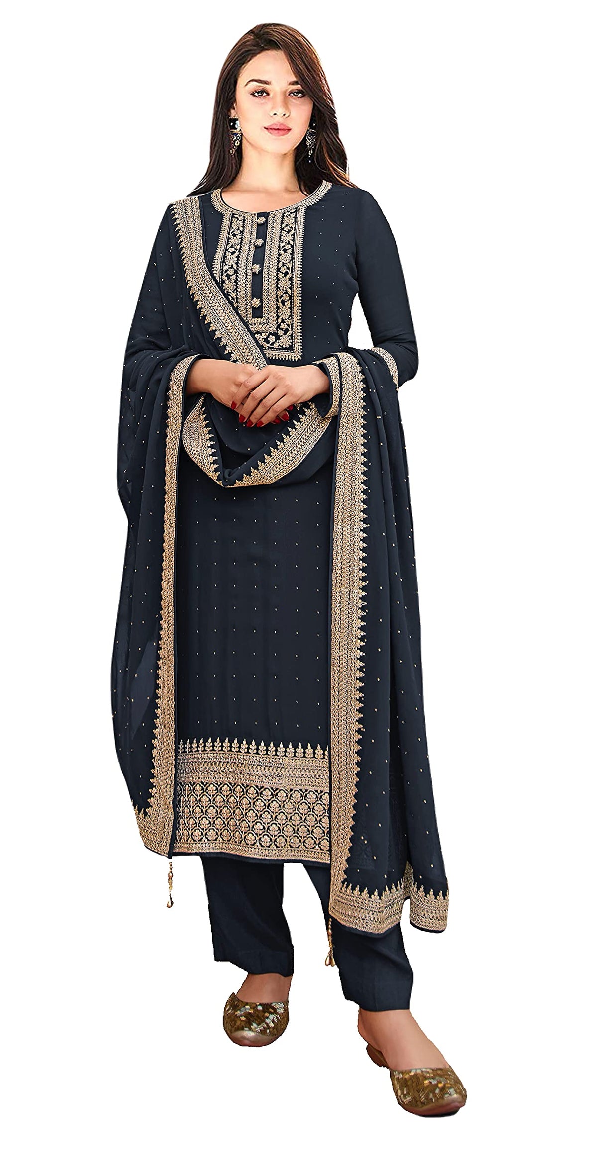 DRAVINAM Trends Women’s Pure Georgette Unstitched Salwar Suit Fabric Dress Material with Heavy Zari Embroidery and Dupatta (Grey)