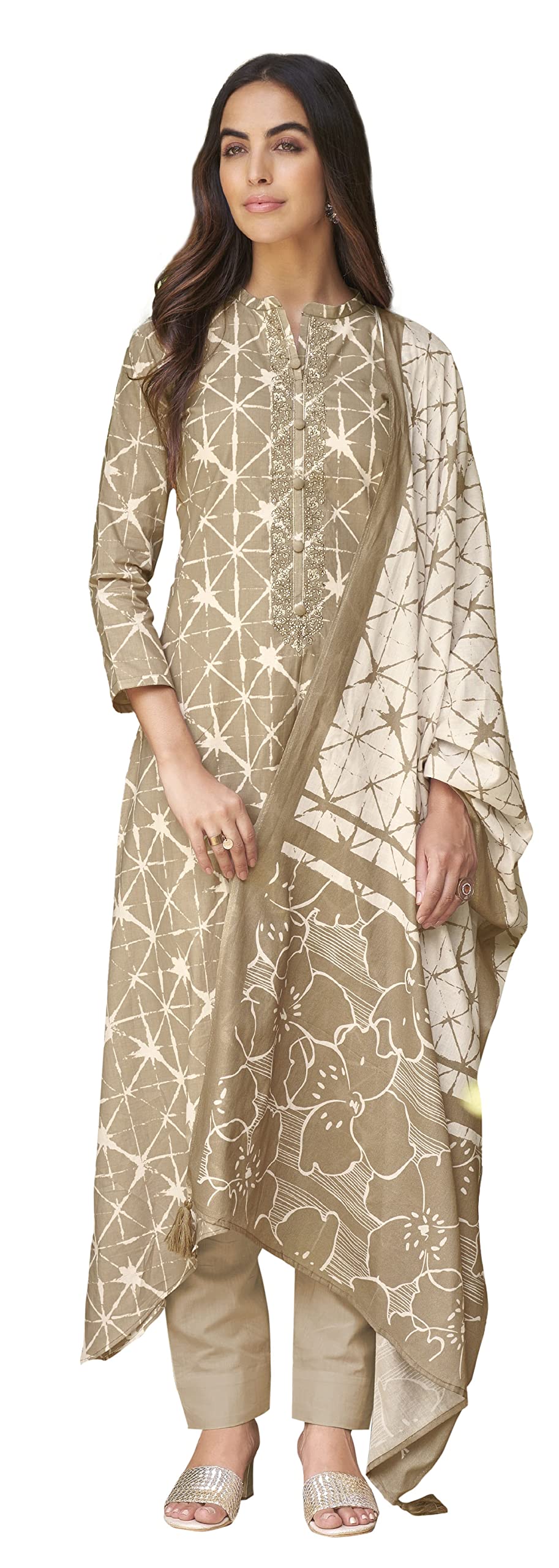 DRAVINAM Trends Women's Unstitched Dizital Geometric Print Pure Woollen Pashmina Salwar Kameez Dress Material with fancy work and Pure Pashmina Printed Shawl Dupatta (Free Size_Brown)