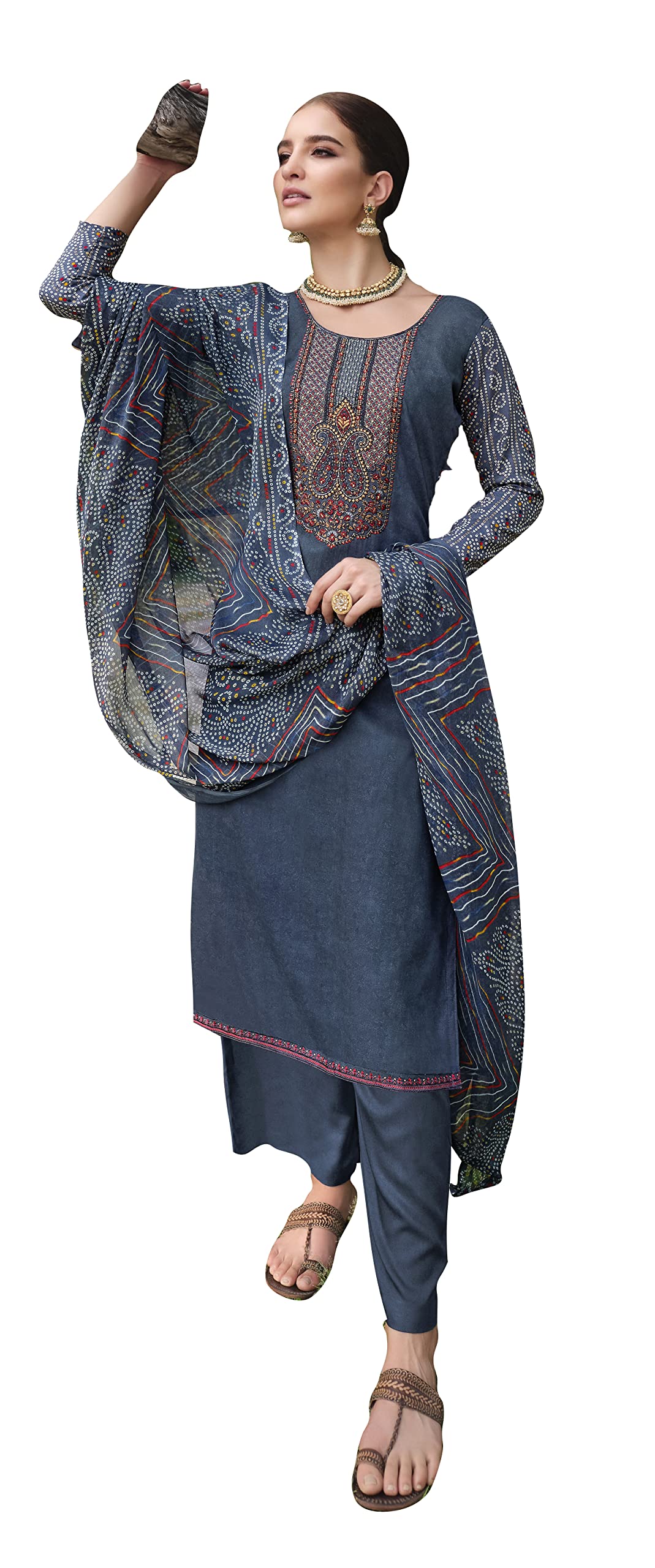 DRAVINAM Trends Unstitched Printed Embroidered Rayon Salwar Suits Set with Chiffon Dupatta (Green)