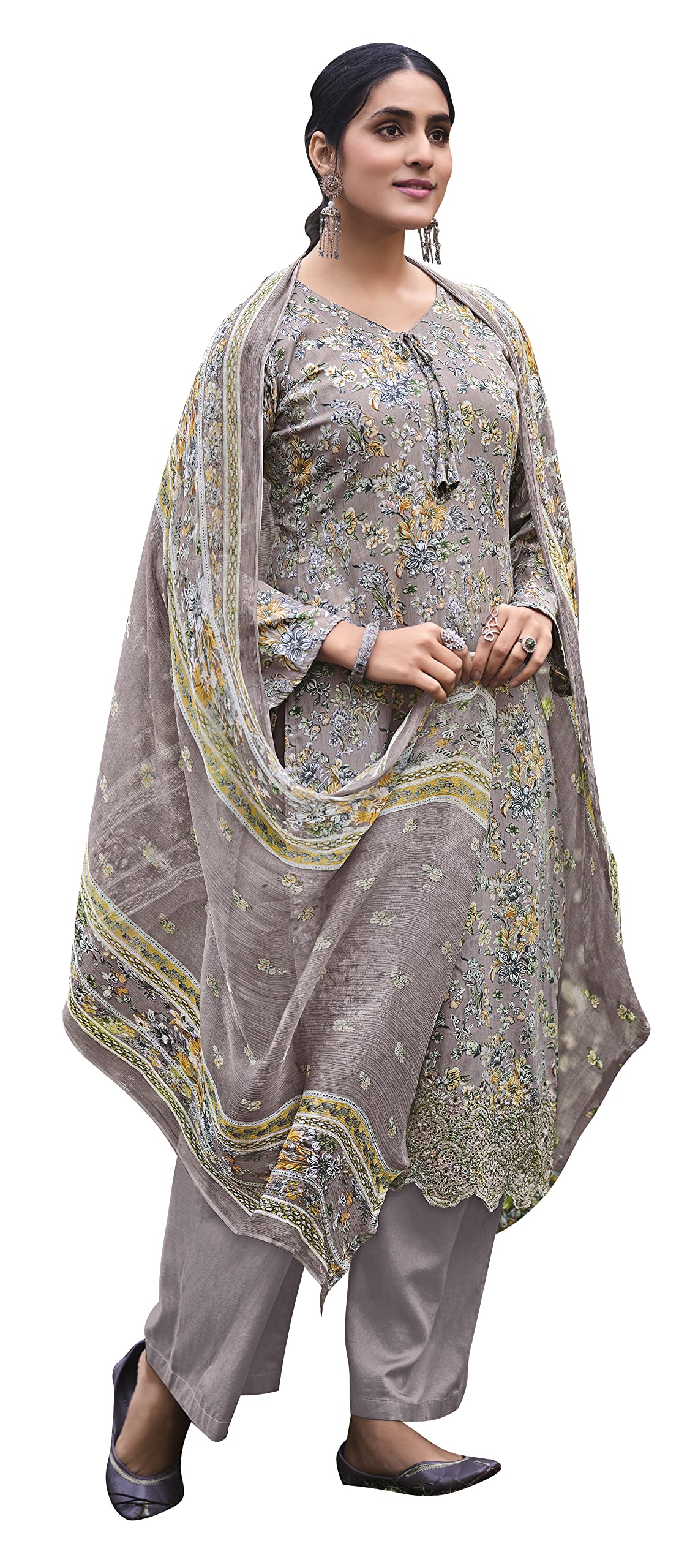 DRAVINAM Trends Unstitched Digital Printed Pure Cotton Embroidered Suit Set with Pure Bember Dupatta