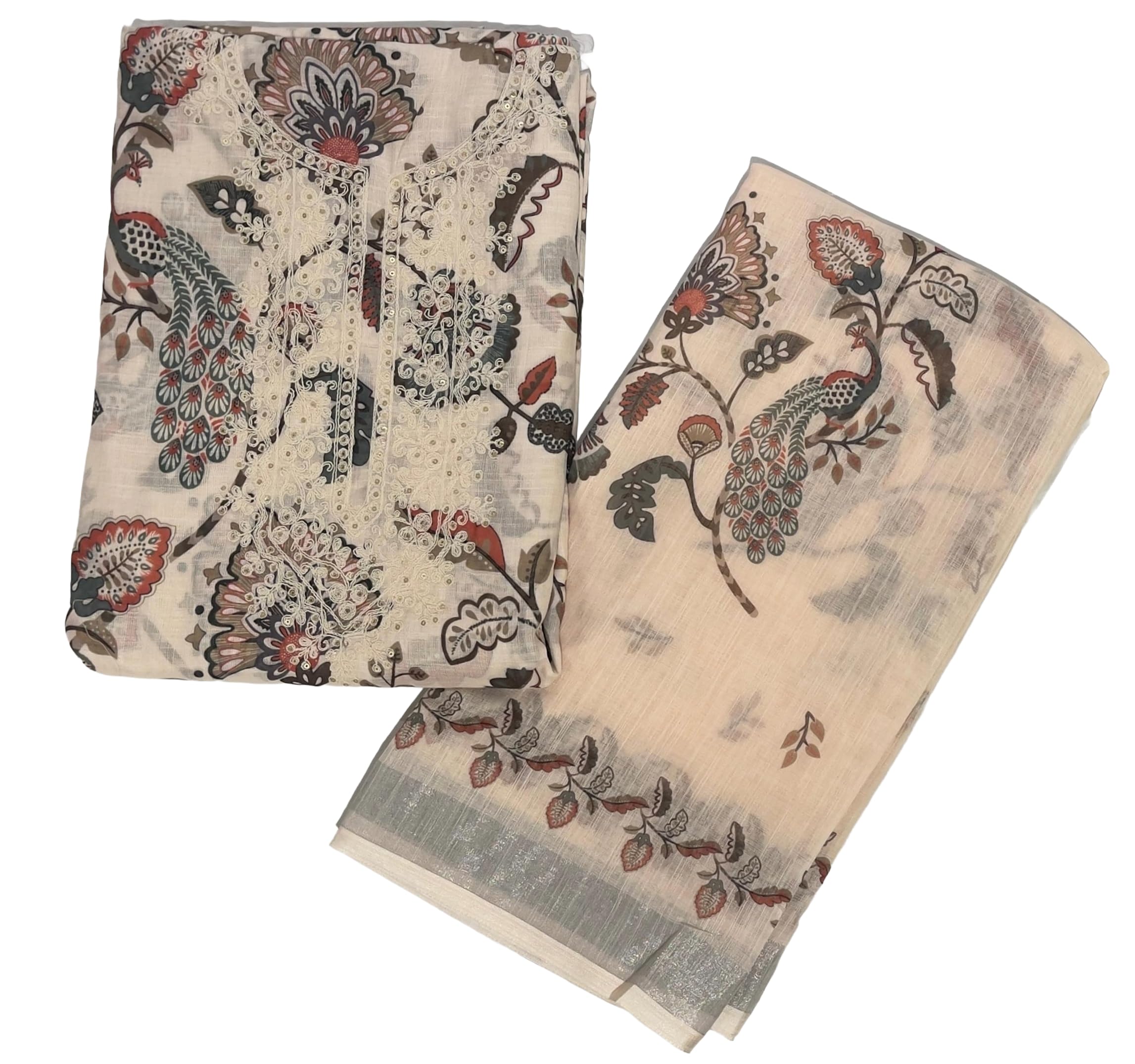 DRAVINAM Trends Women's Premium Linen Cotton Floral Printed Embroidered and Sequence Work Unstitched Salwar Suit Dress Material with Linen Printed Bordered Dupatta