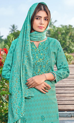 DRAVINAM Trends Women's Winter Wear Kashmiri Kani Printed Warm Wool Pashmina Salwar Kameez Dress Material with Siroski Work and Pashmina Printed Shawl Dupatta (Green)