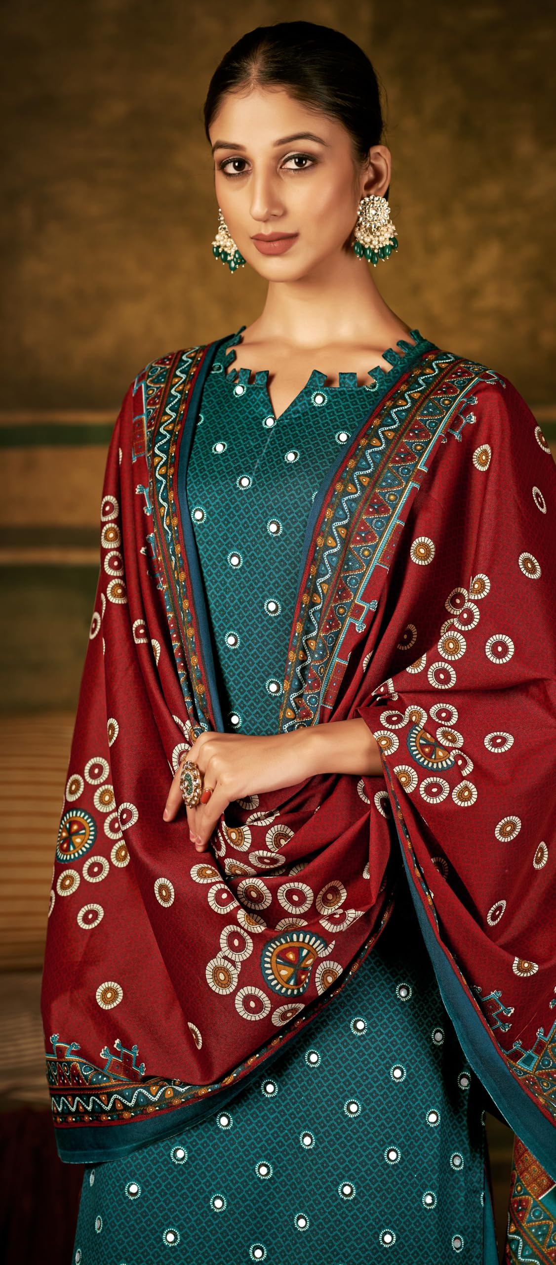 DRAVINAM Trends Women's Unstitched Kaani Print Mirror Work Spun Pashmina Winter wear Dress Material Fabric for Salwar Suit with printed spun pashmina Kashmiri shawl dupatta (Blue)