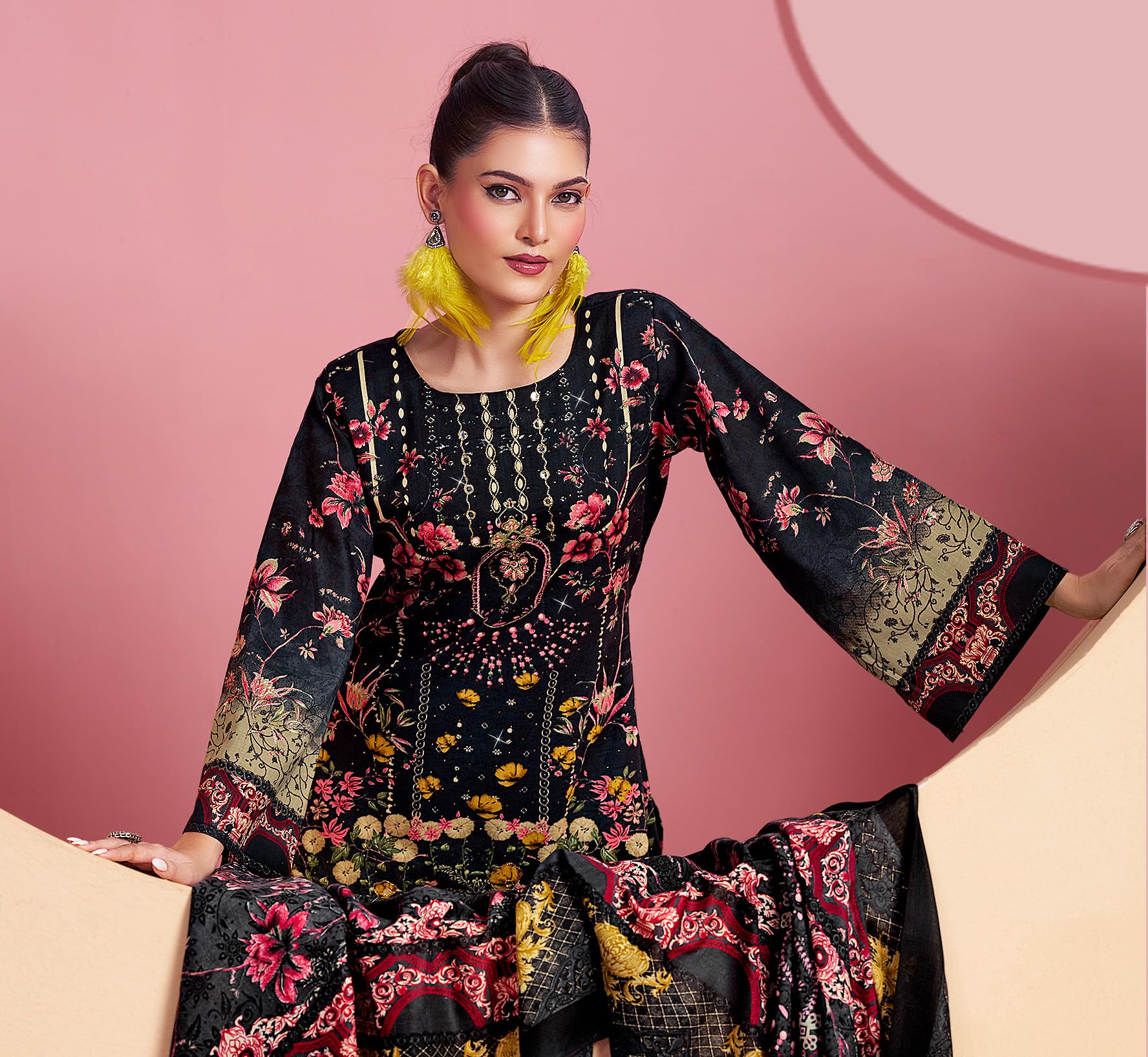 DRAVINAM Trends Cotton Pakistani Embroidered Suit Dress Material with Unstitched Bottoms and Cotton Dupatta