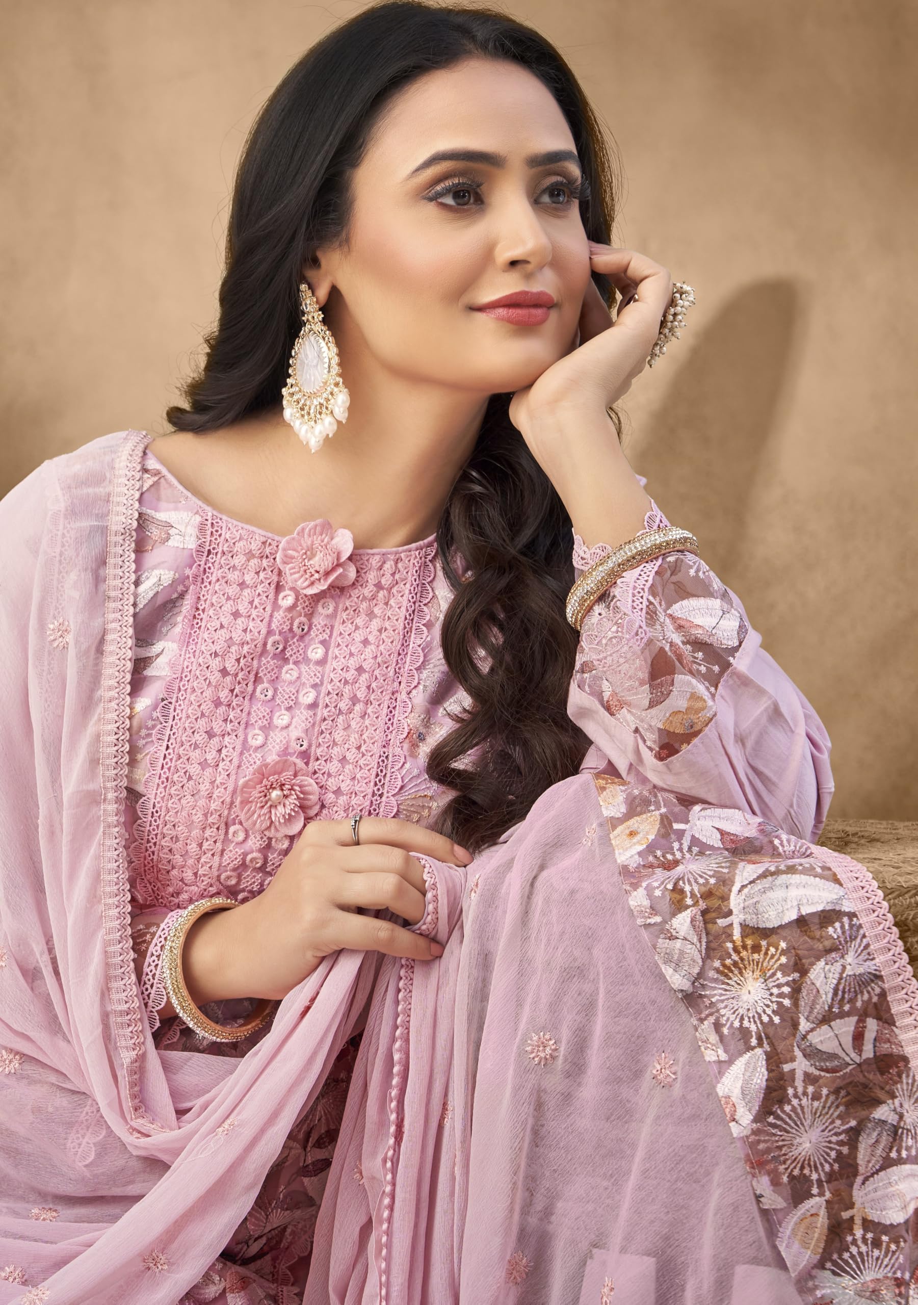 DRAVINAM Trends Women's Unstitched Cotton Embroidered Suit Material -Jam Cotton Embroidered Shirt II Cotton Bottoms II Chiffon Ptinted Dupatta