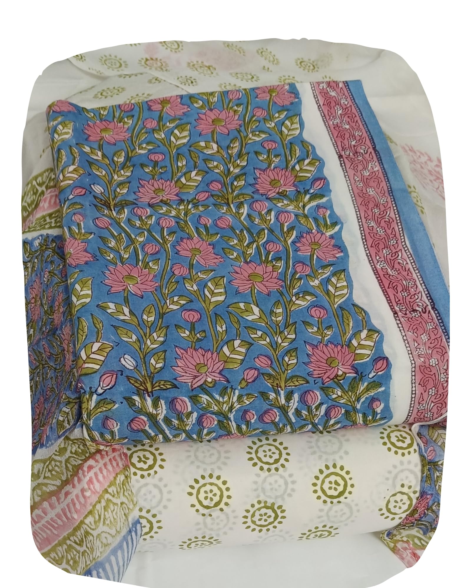 DRAVINAM Trends Hand Block Print Pure Cambric Cotton Unstitched Suit Material with Chiffon Hand Printed Dupatta