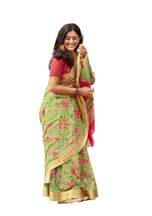 DRAVINAM Trends Women's Woven Kota Linen Printed Saree with Blouse Piece (Light Brown_SareeSRZ_11)