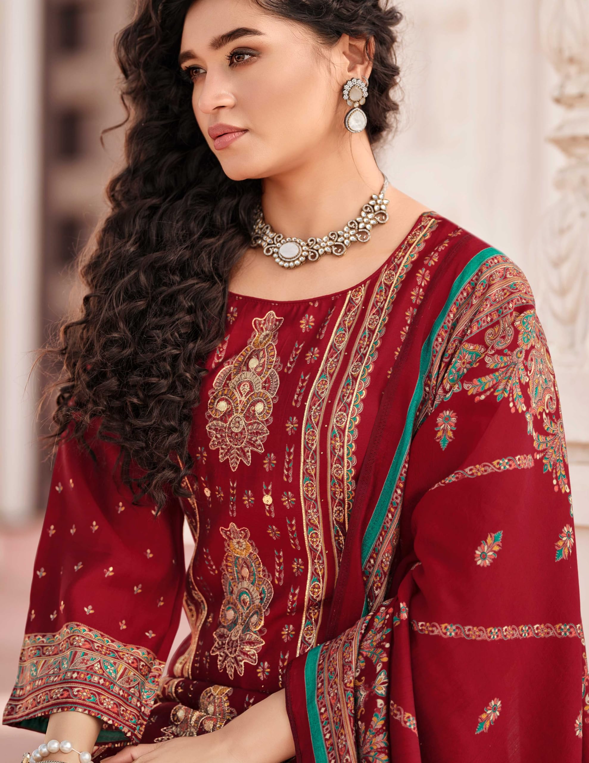 DRAVINAM Trends Women's Unstitched Pure Maslin Digital Foil Printed Pakistani Embroidered Suit Dress Material with Unstitched Maslin Bottoms and Maslin Dupatta