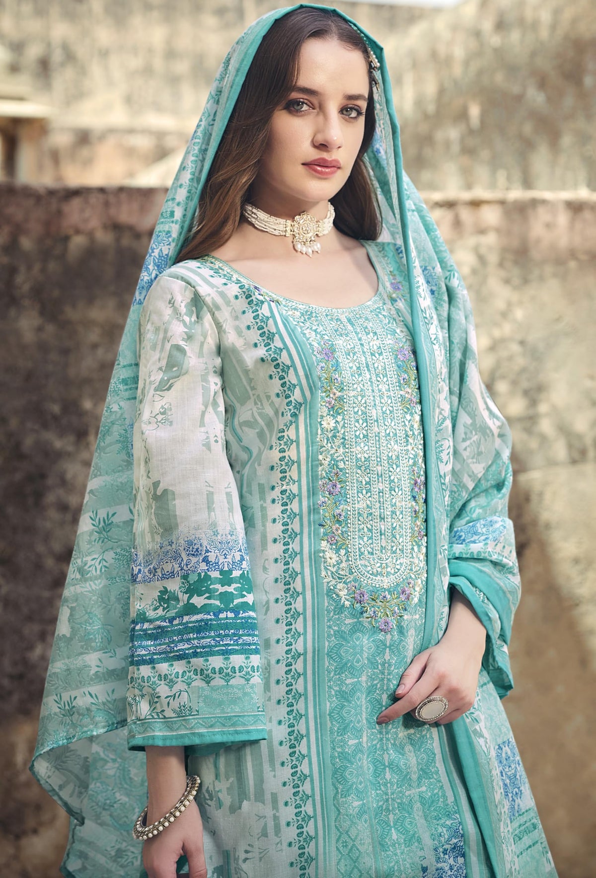 DRAVINAM Trends Kurti 2.50 mtrs, Pure Cotton Salwar (3 mtrs apx), Pure Cotton Mal Mal Print (2.30|Sand Grey