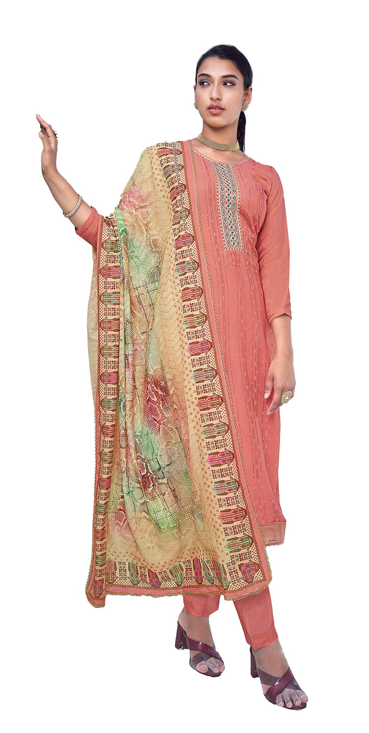 DRAVINAM Trends Women's Pure Musline Embroidery work Unstitched Salwar Suit Material with Pure Muslin Digital Print Sequence work Dupatta (Free size_Grey)