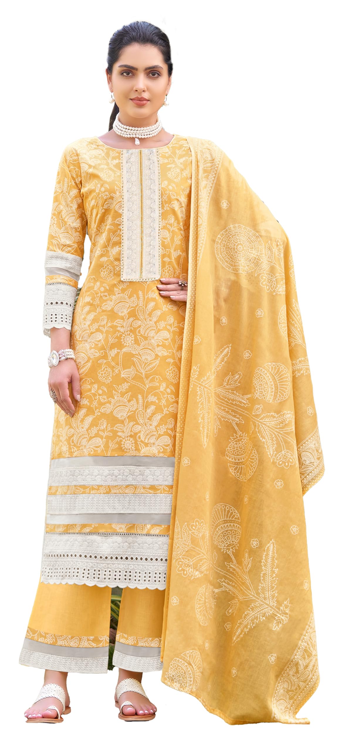 DRAVINAM Trends Women's Pure Cambric Cotton Printed Lace Work Unstitched Summer Ladies Suit Dress Material with Unstitched Cotton Bottoms and Cotton Printed Dupatta
