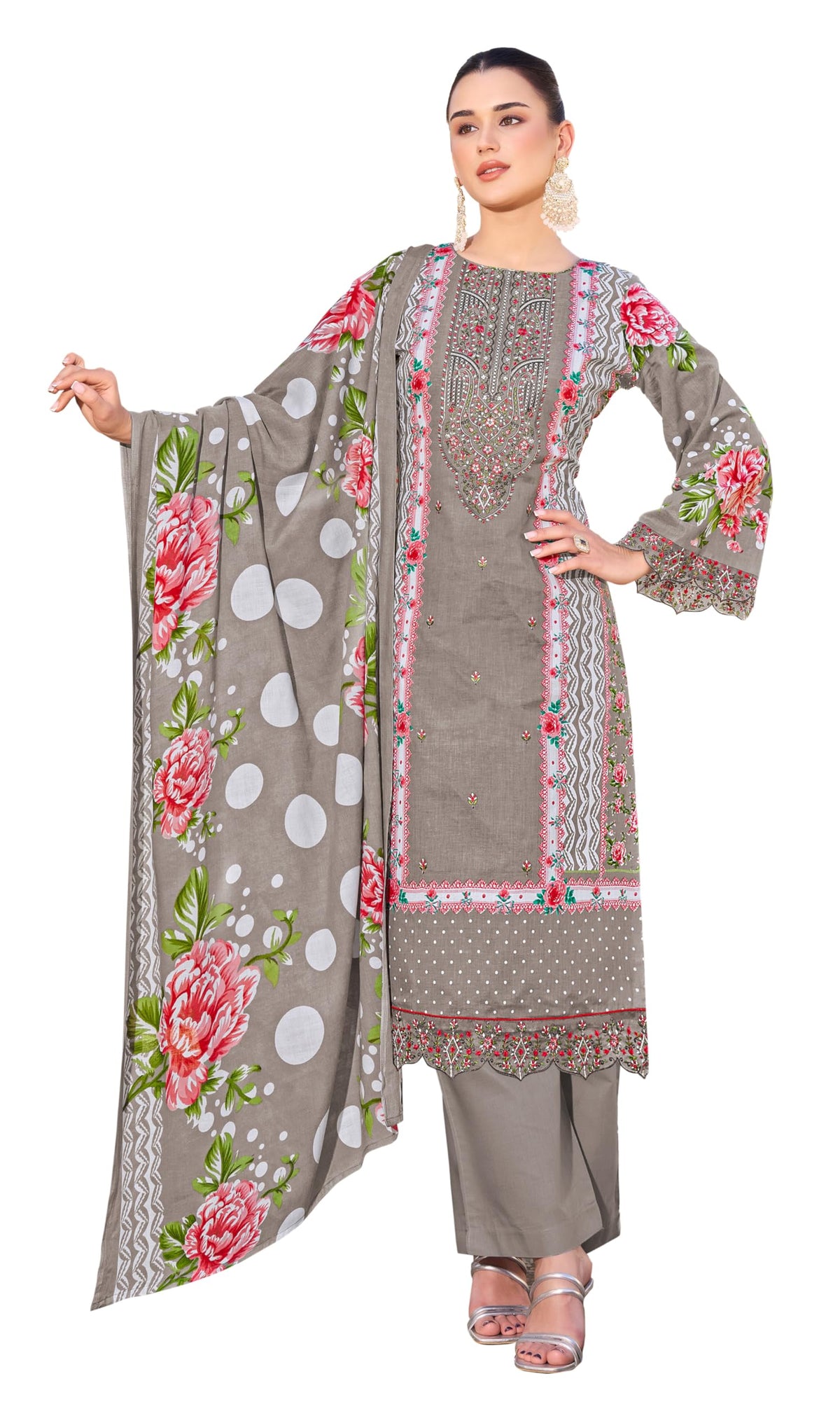 DRAVINAM Trends Women's Unstitched Salwar Suit Dress Material - Pure Cambric Cotton Pakistani Print Embroidered Kameez II Pure Cotton Bottoms II Pure Cotton Dupatta