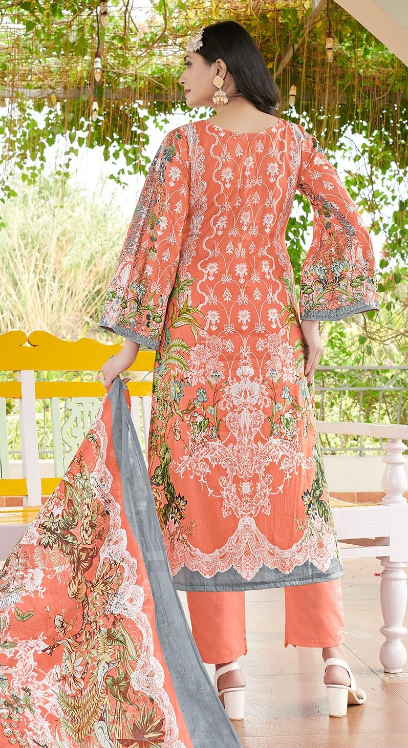 DRAVINAM Trends Unstitched Suit Material Karachi Lawn Cotton Pakistani Digital Printed Embroidered Kameez with Unstitched Bottoms and Cotton Dupatta