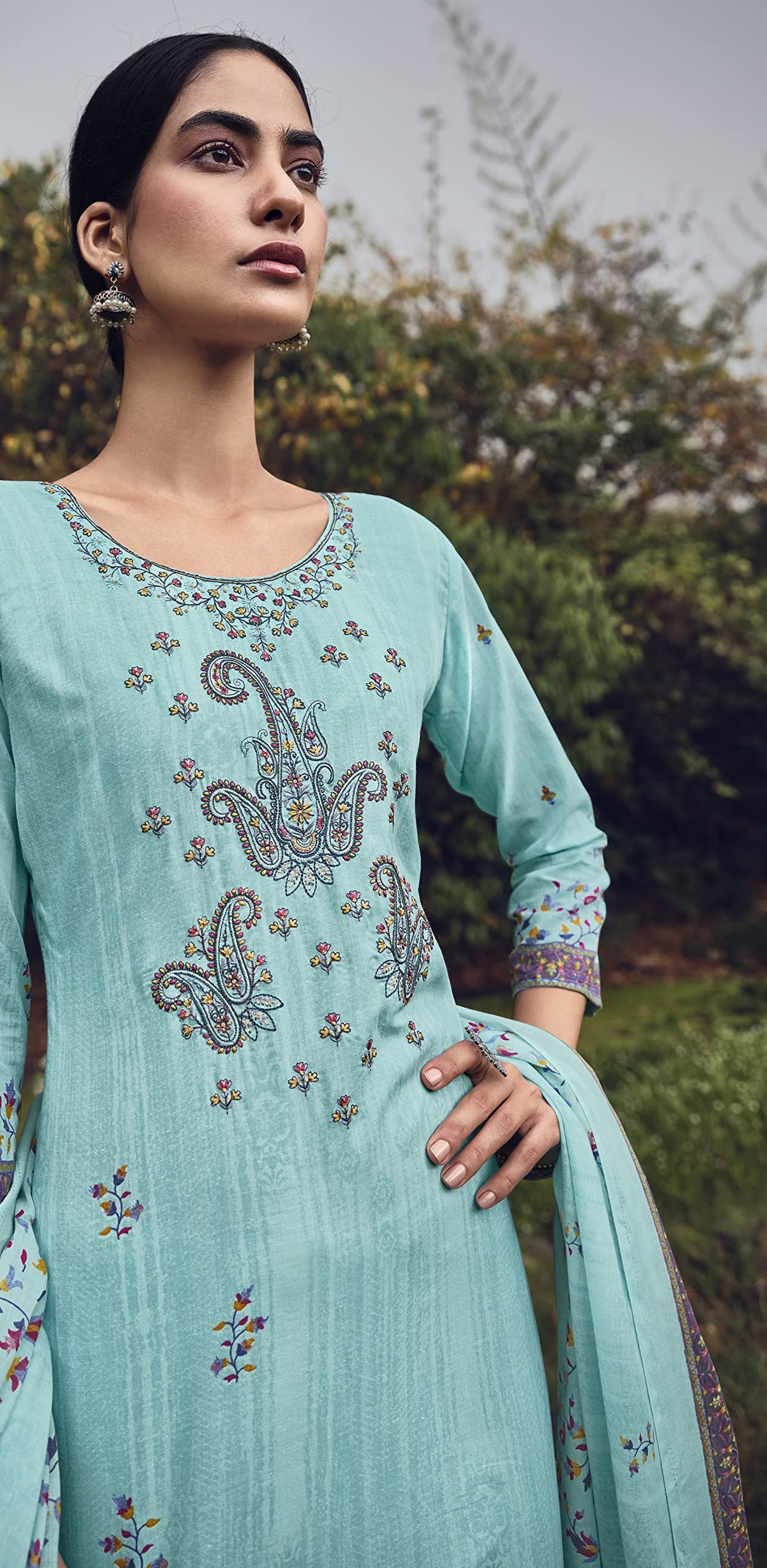 DRAVINAM Trends Unstitched Printed Embroidery Work Pure Cotton Salwar Suits Dress Material with Cotton Dupatta (Beige)