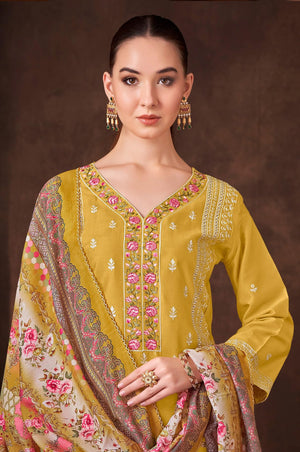 DRAVINAM Trends Women's Exquisite Unstitched Viscose Jam Cotton Suit Dress Material with Embroidered Daman & Sleeves | Stylish Pure Cotton Digital Print Dupatta & Solid Bottoms