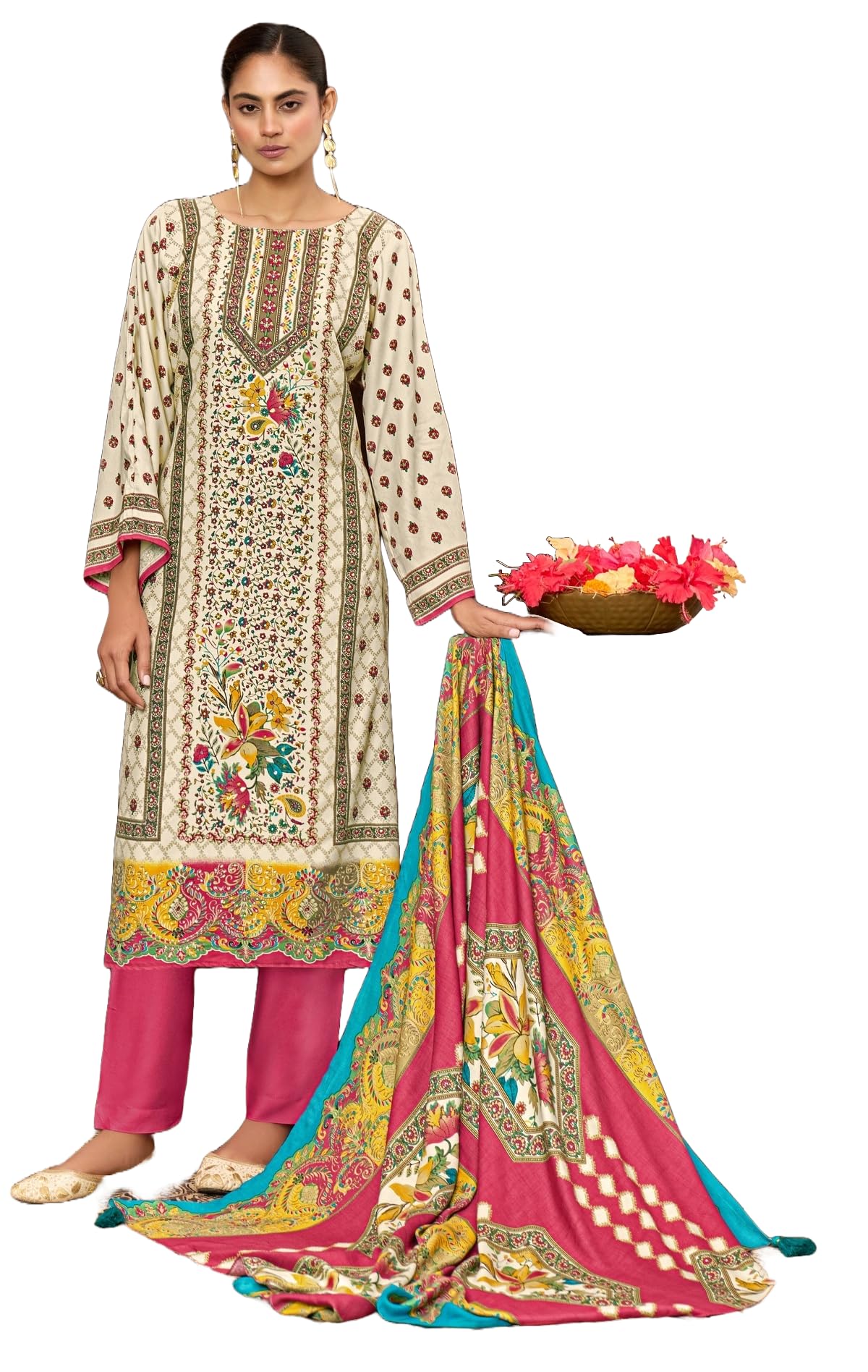 DRAVINAM Trends Women's Winter Wear Unstitched Digital Kani Printed Viscose Pashmina Woollen Salwar Suit Dress Material with Khatli Work Foil touchup and Pashmina Digital Printed Shawl Dupatta