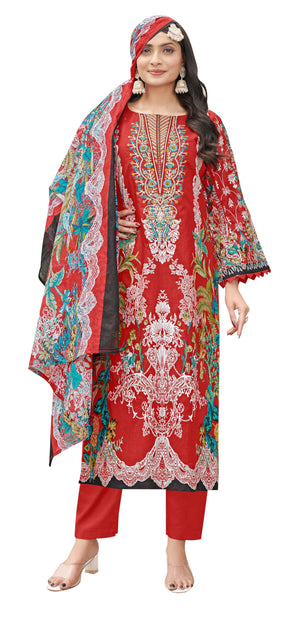 DRAVINAM Trends Unstitched Suit Material Karachi Lawn Cotton Pakistani Digital Printed Embroidered Kameez with Unstitched Bottoms and Cotton Dupatta