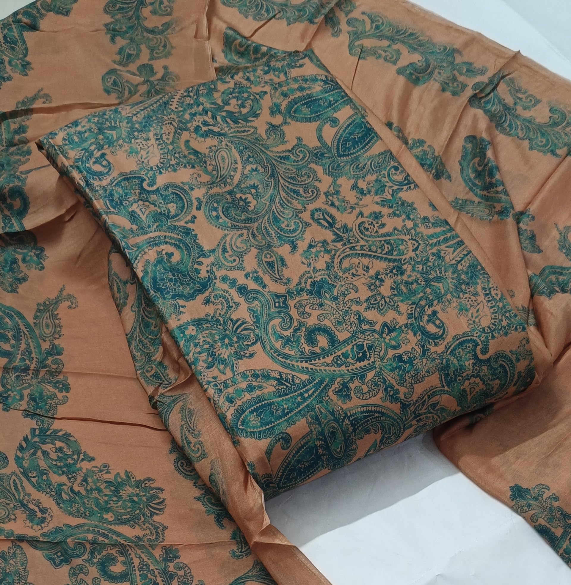 DRAVINAM Trends Women's Unstitched Livia Cotton Salwar Suit Dress Material with Muslin Dupatta | Teal & Beige Paisley Print | All over Print