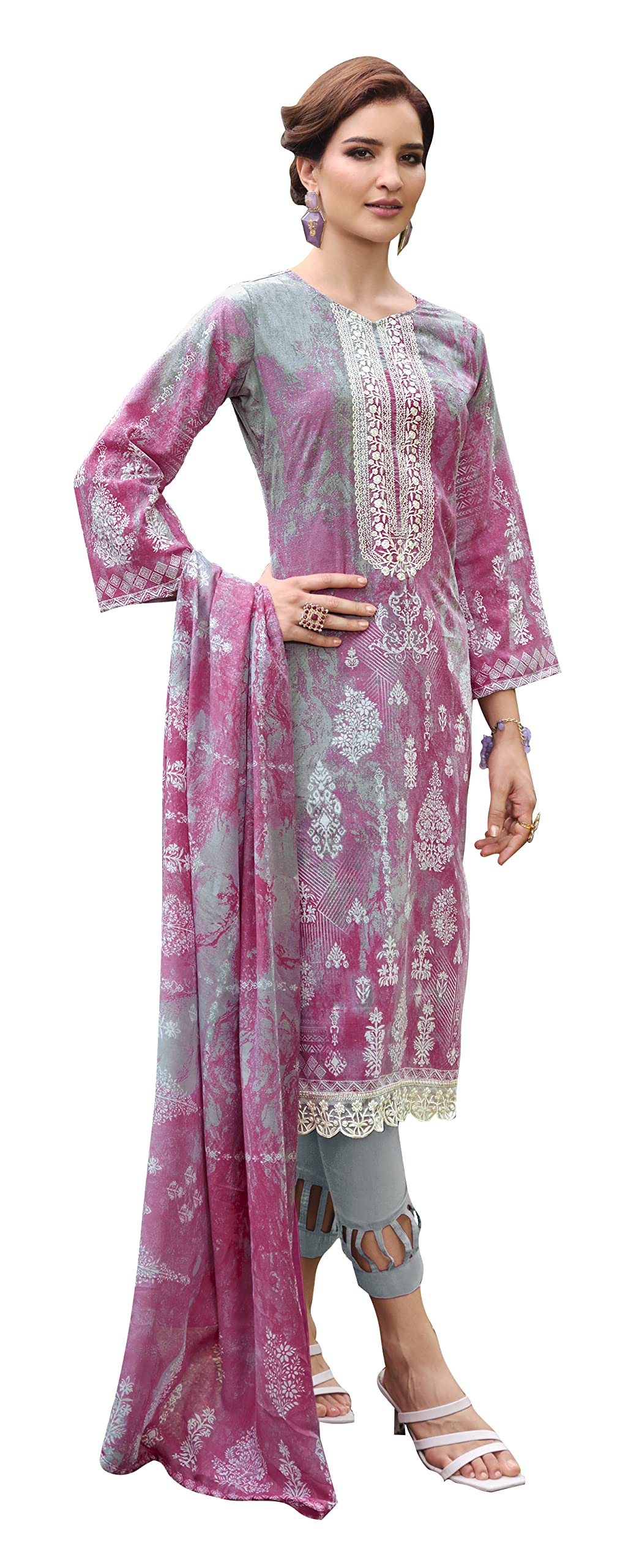 DRAVINAM Trends Unstitched Printed Embroidered Lace Work Cotton Salwar Suits Dress Material with Cotton Dupatta