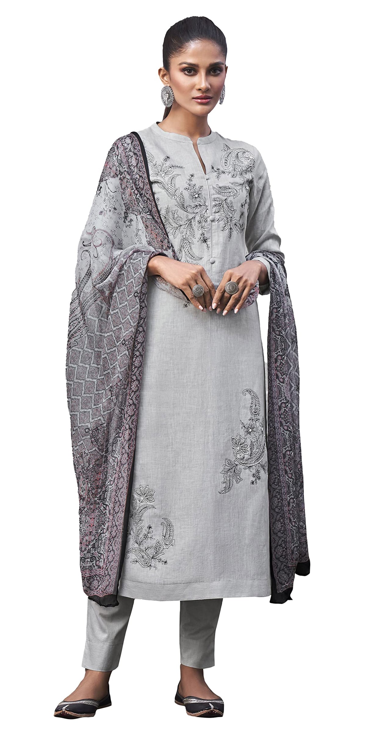 DRAVINAM Trends Women's Unstitched Emnroidered and Beads Work Cotton Slub Salwar Suit Dress Material with Digital Printed Bember Chiffon Half Pure Dupatta (Free Size_Grey)