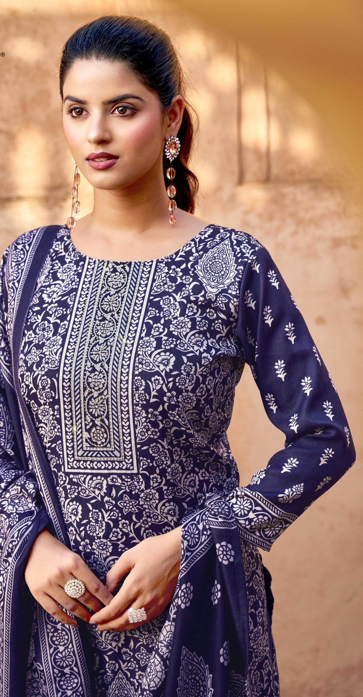 DRAVINAM Trends Women's Printed Pashmina Kani Unstitch Salwar Suit Dress Material with Siroski work and Printed Twill Pashmina Warm Shawl Dupatta