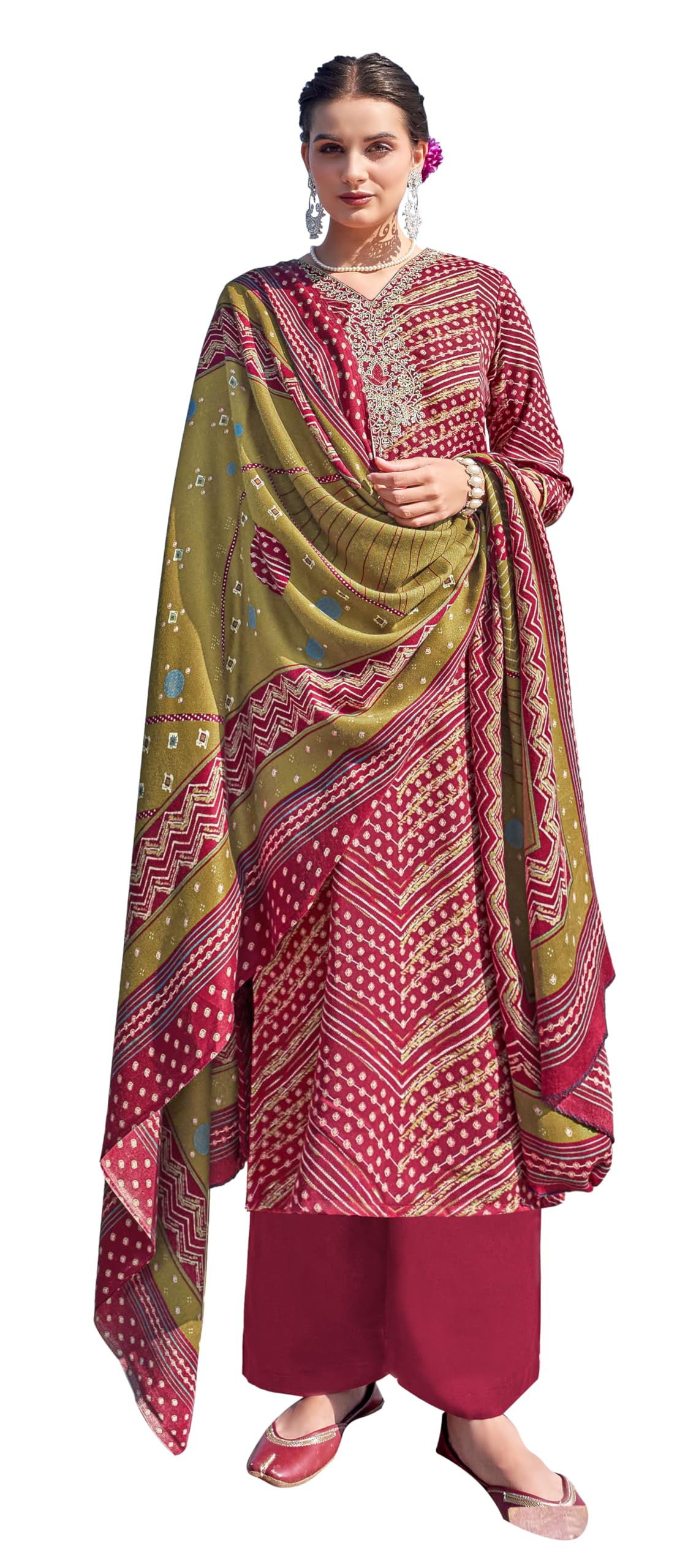 DRAVINAM Trends Women's Pure Pashmina Printed and Embroidered Suit Dress Material with Pure Pashmina Dobby Printed Shawl
