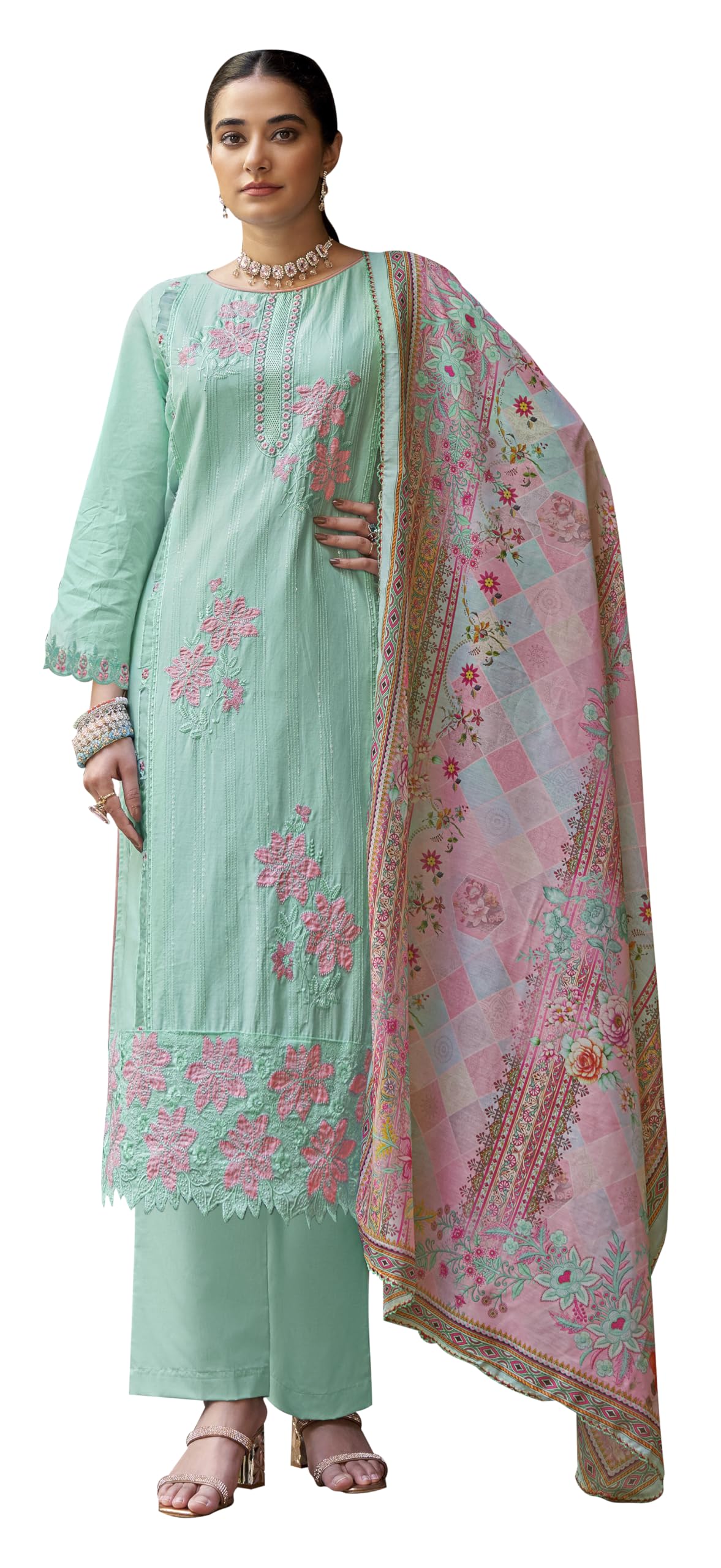 DRAVINAM Trends Women's Unstitch Cotton Suit Dress material II Pure Cambric Lawn Cotton Embroidered Cut Paste Work Top II Pure Cotton Solid Bottoms II Cotton Print Dupatta
