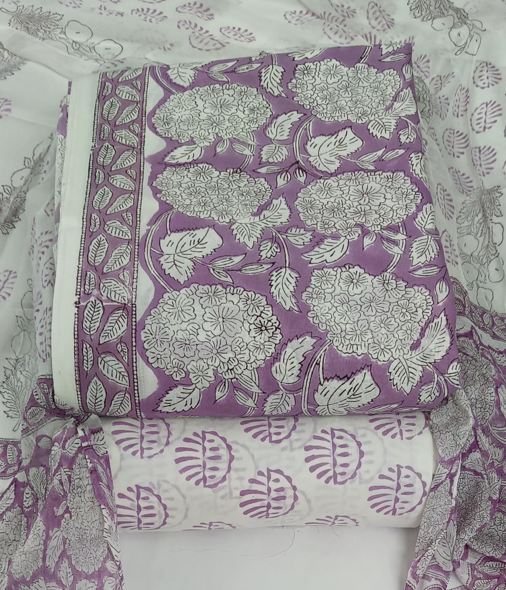 DRAVINAM Trends Hand Block Print Cambric Cotton Unstitched Salwar Suit Set for Women with Pure Chiffon Hand Printed Dupatta