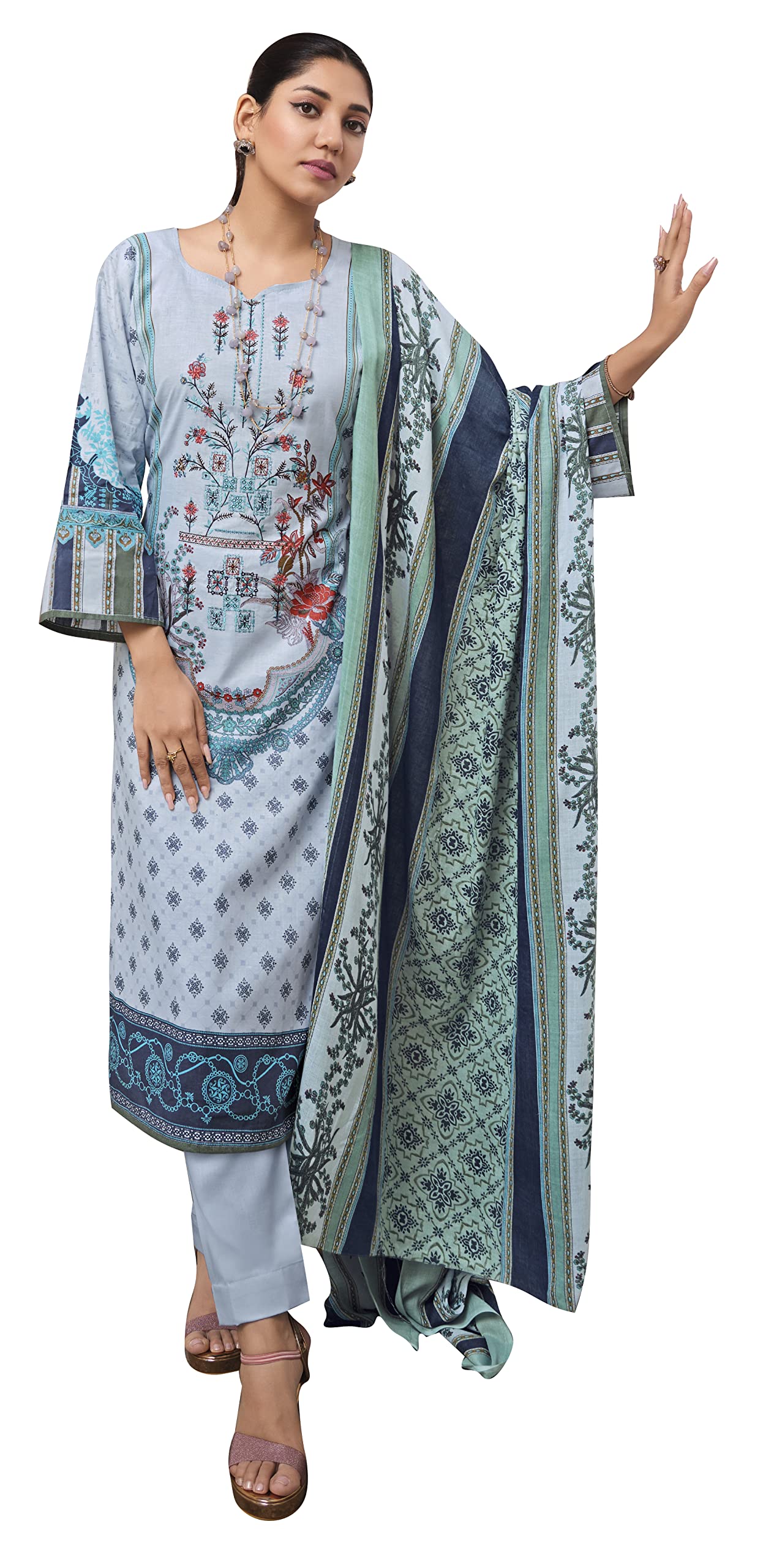 DRAVINAM Trends Women Unstitched Pakistani Print Embroidered Cotton Salwar Suit Dress Materials with Dupatta, Free Size