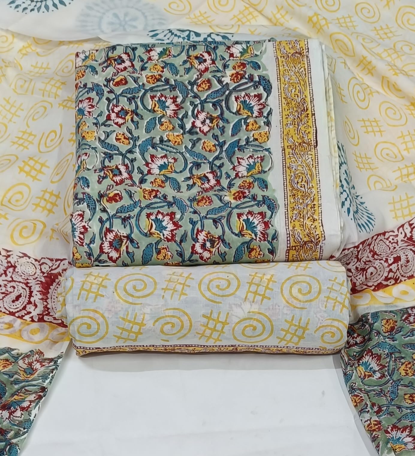 DRAVINAM Trends Hand Block Print Sanganeri Cambric Unstitched Cotton Suit Dress Material for Women with Mulmul Cotton Hand Printed Dupatta