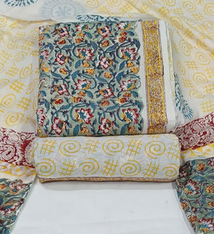 DRAVINAM Trends Hand Block Print Sanganeri Cambric Unstitched Cotton Suit Dress Material for Women with Mulmul Cotton Hand Printed Dupatta