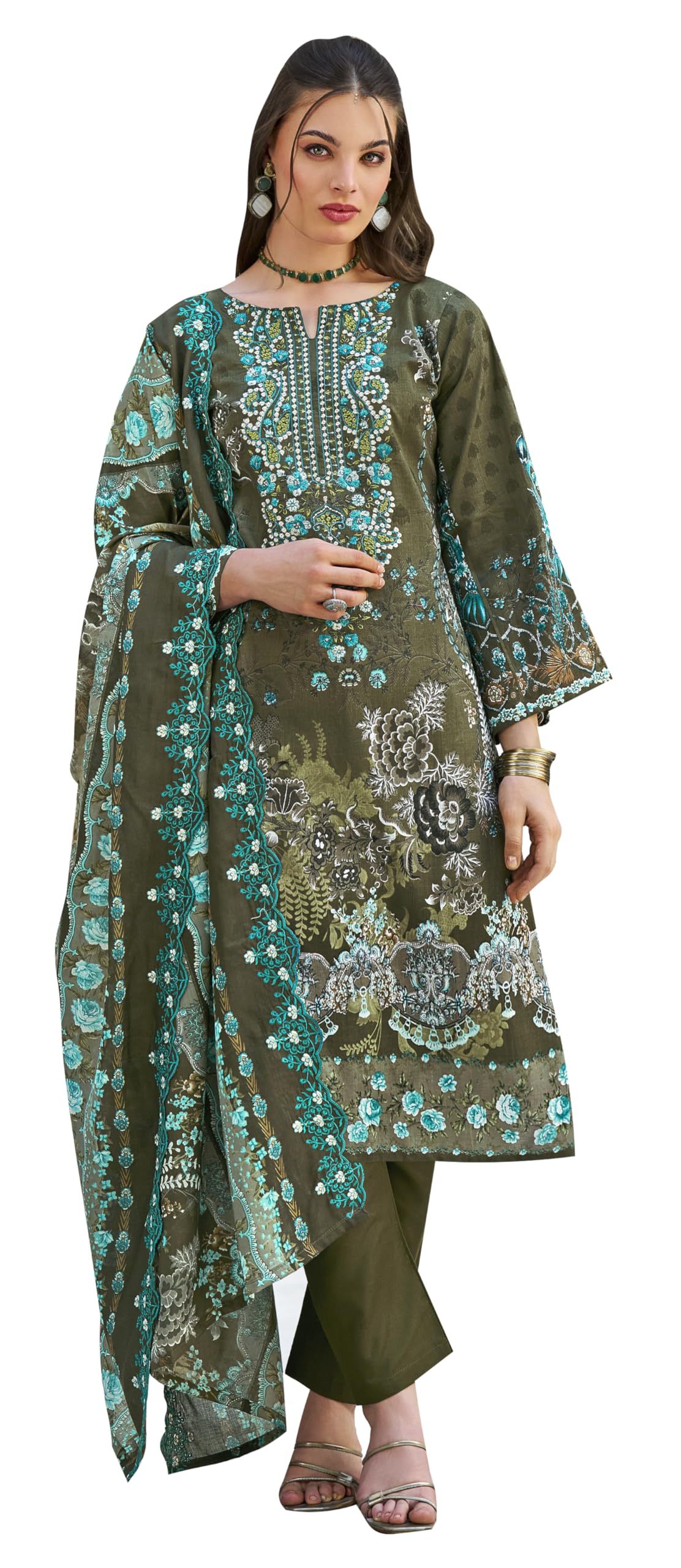 DRAVINAM Trends Women's Unstitched Pakistani Digital Print Embroidered Pure Cotton Salwar Suit Dress Materials with Cotton Embroidered Cutwork Dupatta